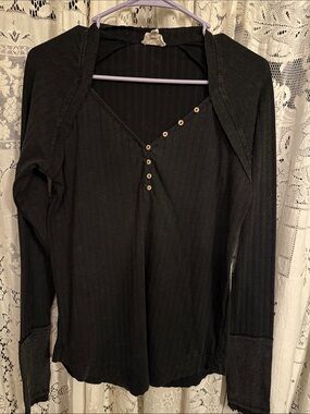 BiBi Charcoal Ribbed Long Sleeve Top with Asymmetric Button Detail